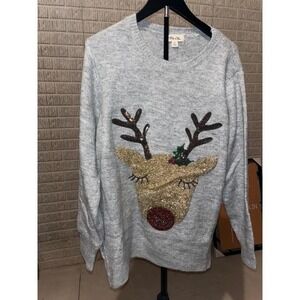 Tres Chic Reindeer Sequin Beaded Christmas‎ Holiday Sweater XL Light Gray
